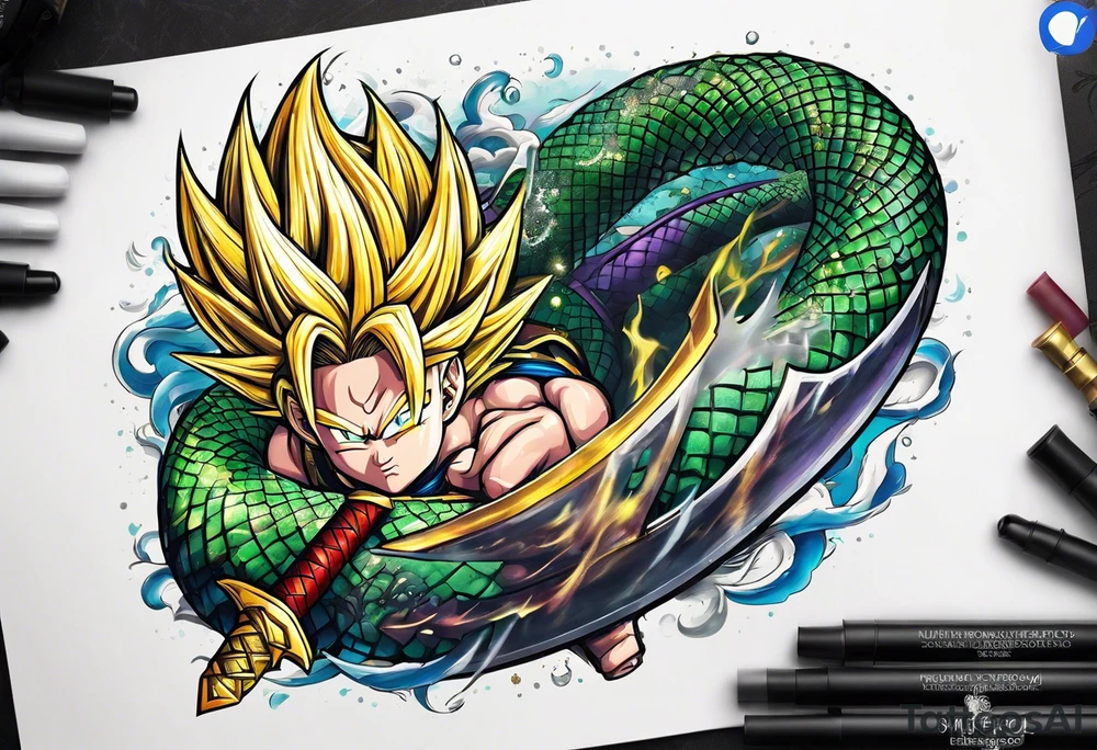 Future trunks sword with shenron spiraling around it tattoo idea