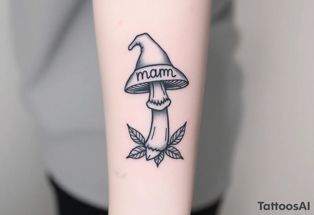 Mushroom with word mom on it with gnome sitting on top tattoo idea