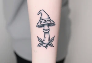 Mushroom with word mom on it with gnome sitting on top tattoo idea
