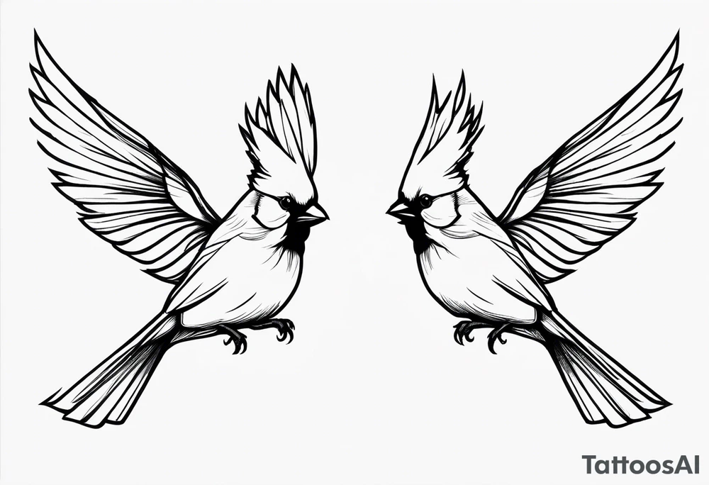 two cardinal birds flying facing eachother 
fine line with some shading tattoo idea