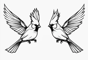 two cardinal birds flying facing eachother 
fine line with some shading tattoo idea