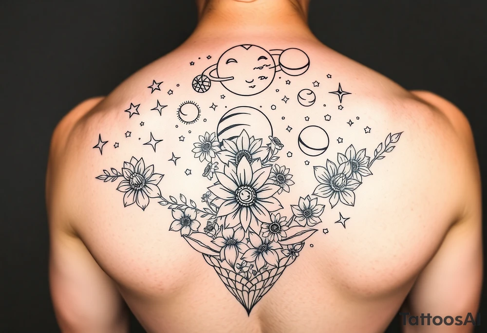 line art drawing of a womans torso with stars, flowers and planets coming from her head tattoo idea