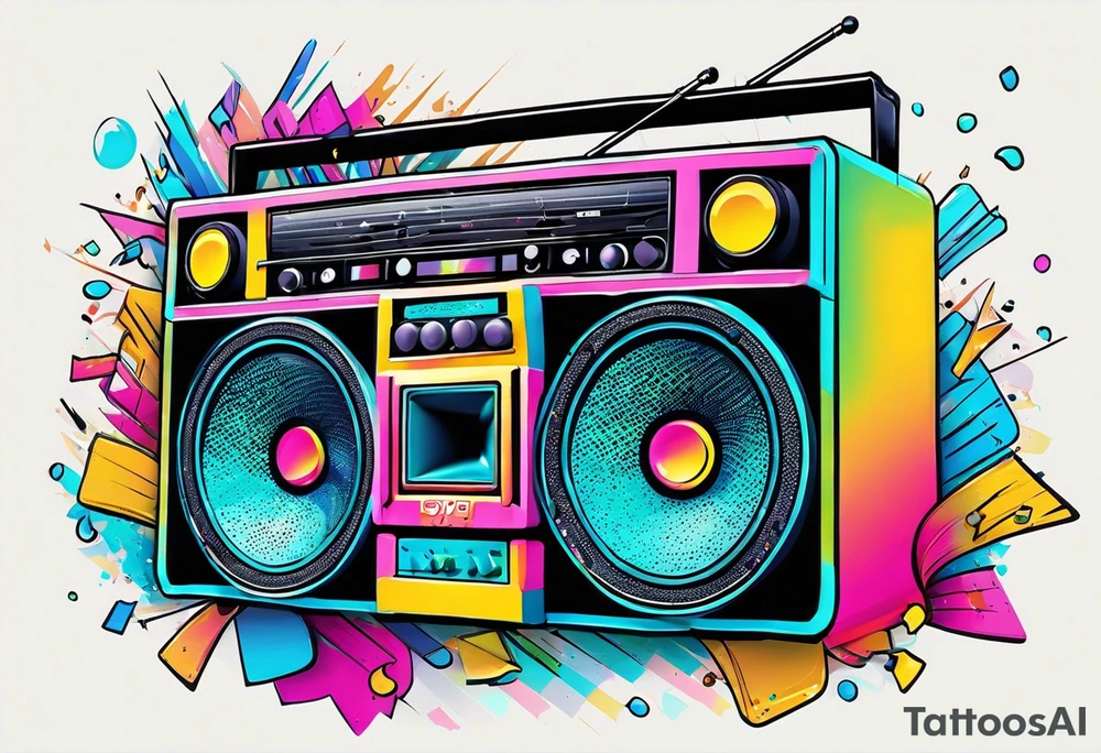 1980's style big boom box mith confetti, and music notes in the air, sound waves against miami vice style beach background, include sexy party goers tattoo idea
