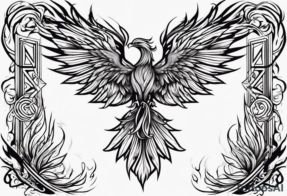 Bold text "BURN IT DOWN" engulfed with flames and smoke of a phoenix tattoo idea