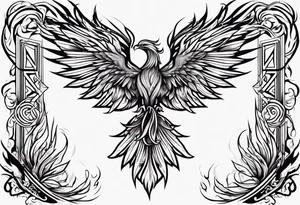 Bold text "BURN IT DOWN" engulfed with flames and smoke of a phoenix tattoo idea