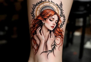 Alfons Mucha’s dreamy maiden with cascading red hair, embraced by copper-toned halos and intricate olive branches. tattoo idea
