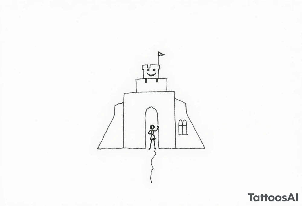 Create a minimalistic tattoo design based on a trapezoid shape representing a trap or siege. The trapezoid is the main background and frame.

Inside the trapezoid:

1. A small, simple castle at the top center with smooth walls and a short tower on one side, symbolizing loneliness.


2. A tiny black brick embedded in the castle wall, representing a 225 mg Tramadol pill — looks like a small dark dot from afar.


3. A small smiling mask on the tower with two dots for eyes and a curved line for a mouth, symbolizing hiding inner pain behind a smile.


4. A thin, irregular crack running from the bottom to the top of the castle wall, representing inner wounds and fractures.


5. A thin diagonal ray of light shining from one of the castle windows, symbolizing hope amidst darkness.


6. An abstract, minimal dancer figure in the castle courtyard made with simple lines, symbolizing dancing and perseverance despite being trapped.



The overall design should look clean and geometric from afar, but each element carries personal symbolism and emotional depth. tattoo idea