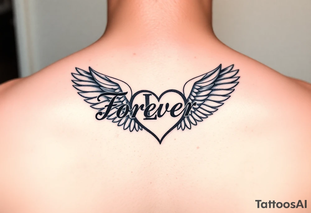 Tattoo with the word forever, the letter L and a wing in the form of a heart tattoo idea