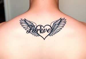 Tattoo with the word forever, the letter L and a wing in the form of a heart tattoo idea
