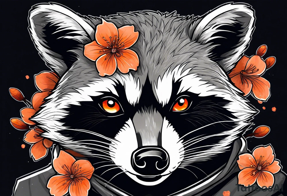 Raccoon wearing a white Superman logo on a black hoodie and orange Japanese cherry blossoms tattoo idea