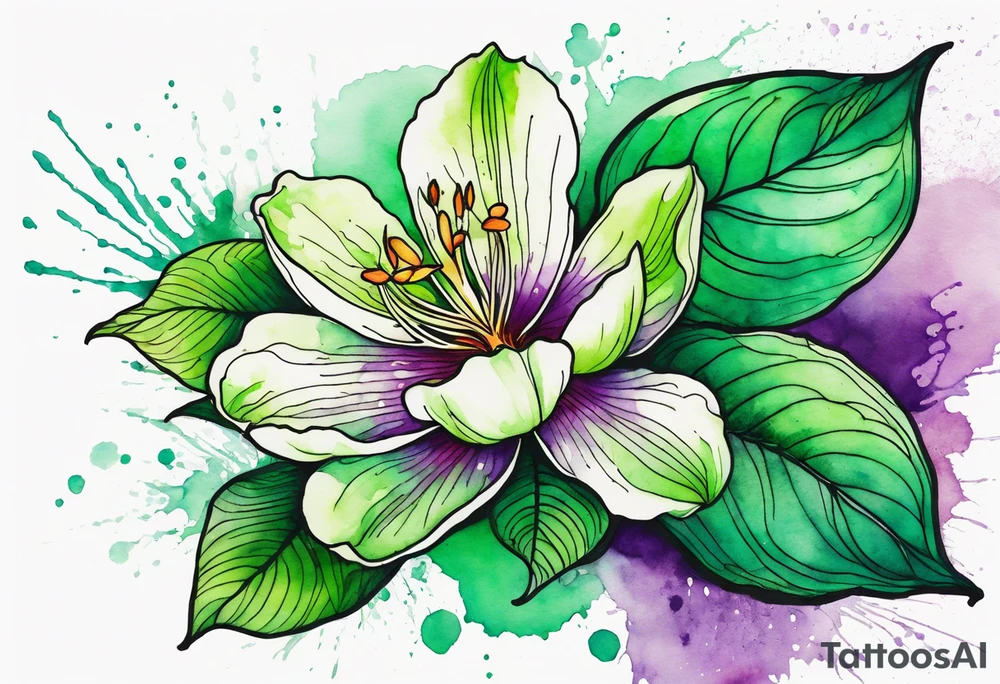 An outline of an only green rio dipladenia flower and a green and purple watercolor splash in the background tattoo idea