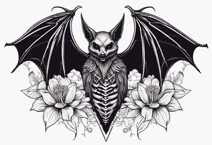 Evil bat holding a lycoris radiata, skeleton hands making heart shape with fingers around the bat, lycoris radiata accents surrounding the outside tattoo idea