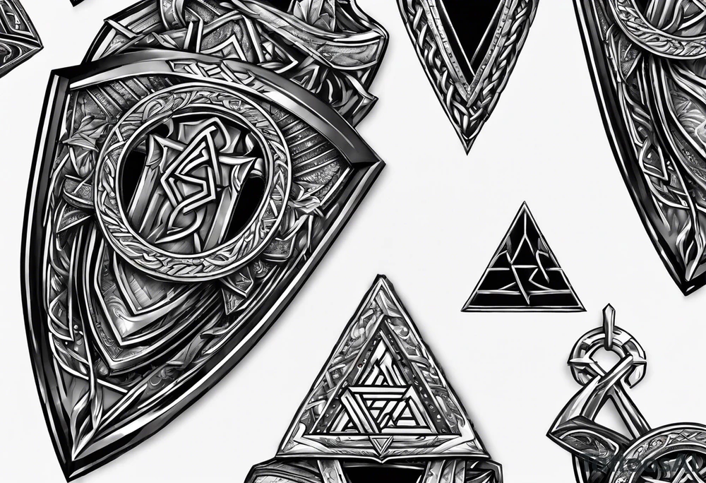 Valhalla sword shield axe Valknut chains tattoo idea