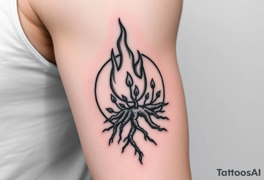 flame in a roots circle, with little sprouts on the circle tattoo idea