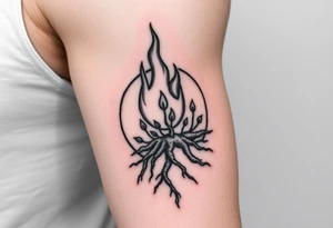 flame in a roots circle, with little sprouts on the circle tattoo idea