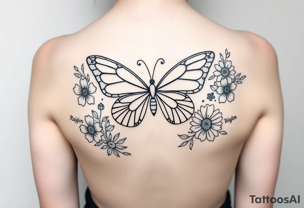 beautiful butterfly with flowers and lines around it also having the names Raiden, Shanleigh, and Waylon in it and the artwork being line work tattoo idea
