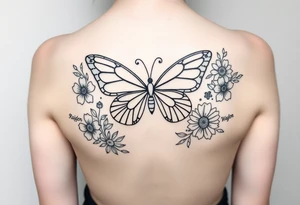 beautiful butterfly with flowers and lines around it also having the names Raiden, Shanleigh, and Waylon in it and the artwork being line work tattoo idea