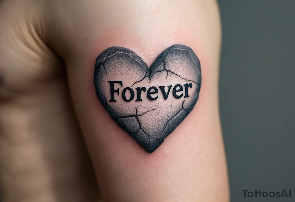 "Forever" carved into a weathered gray stone heart, cracked but unbroken. tattoo idea