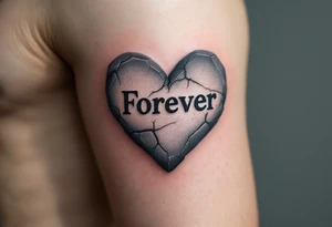 "Forever" carved into a weathered gray stone heart, cracked but unbroken. tattoo idea
