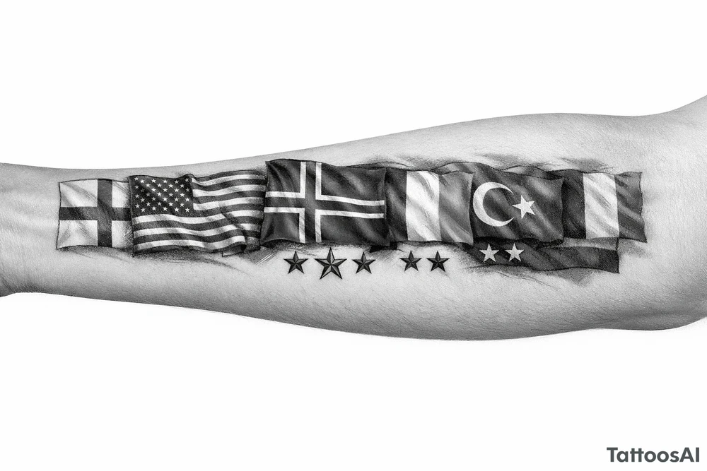 England USA Iceland Italy Spain Turkey France Hungary flags inside forearm can u put 3 stars under iceland , 2 under turkey and italy tattoo idea
