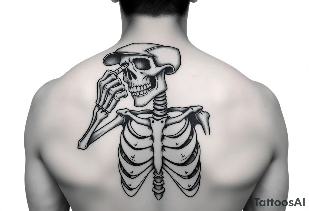 Skeleton with a fun ball cap doing devil s horn with fingers tattoo idea