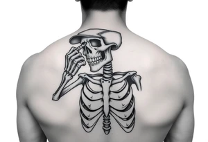 Skeleton with a fun ball cap doing devil s horn with fingers tattoo idea