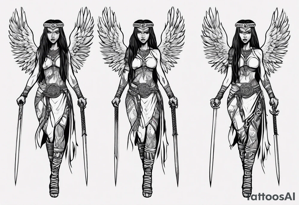African female Viking valkyre angel full body 
slim long face small mouth long braided hair holding sword tattoo idea