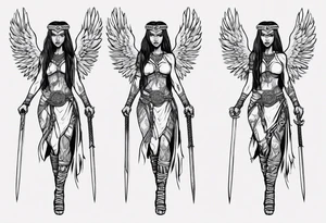 African female Viking valkyre angel full body 
slim long face small mouth long braided hair holding sword tattoo idea