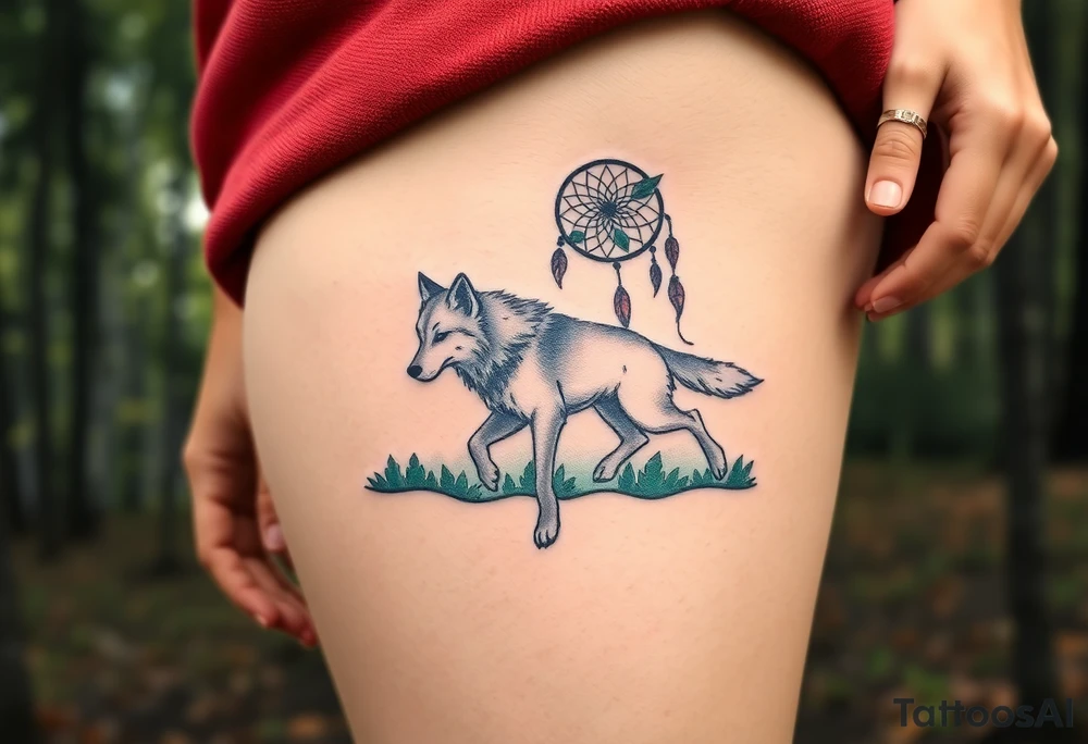 A wolf running through the woods, with dreamcatcher rings woven into the landscape. The wolf’s fur is shaded in shades of gray and white, while the dreamcatcher is adorned with green leaves and earthy brown tones tattoo idea