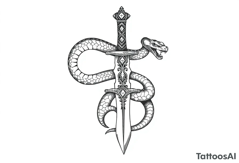 mystical snake coiled around an ancient dagger with jeweled hilt tattoo idea