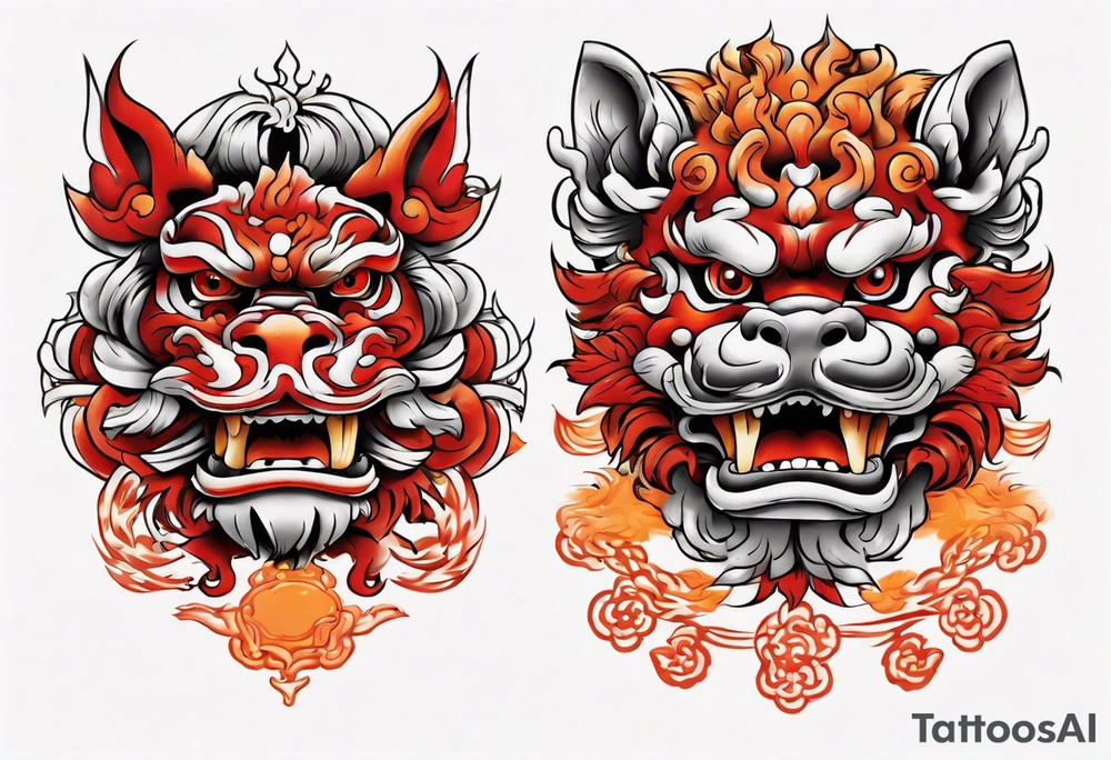 Red and orange Okinawa shisa dogs pair chest piece tattoo idea