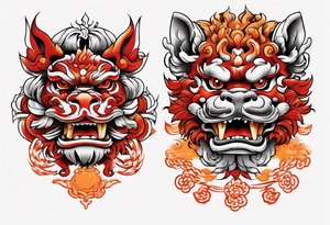 Red and orange Okinawa shisa dogs pair chest piece tattoo idea