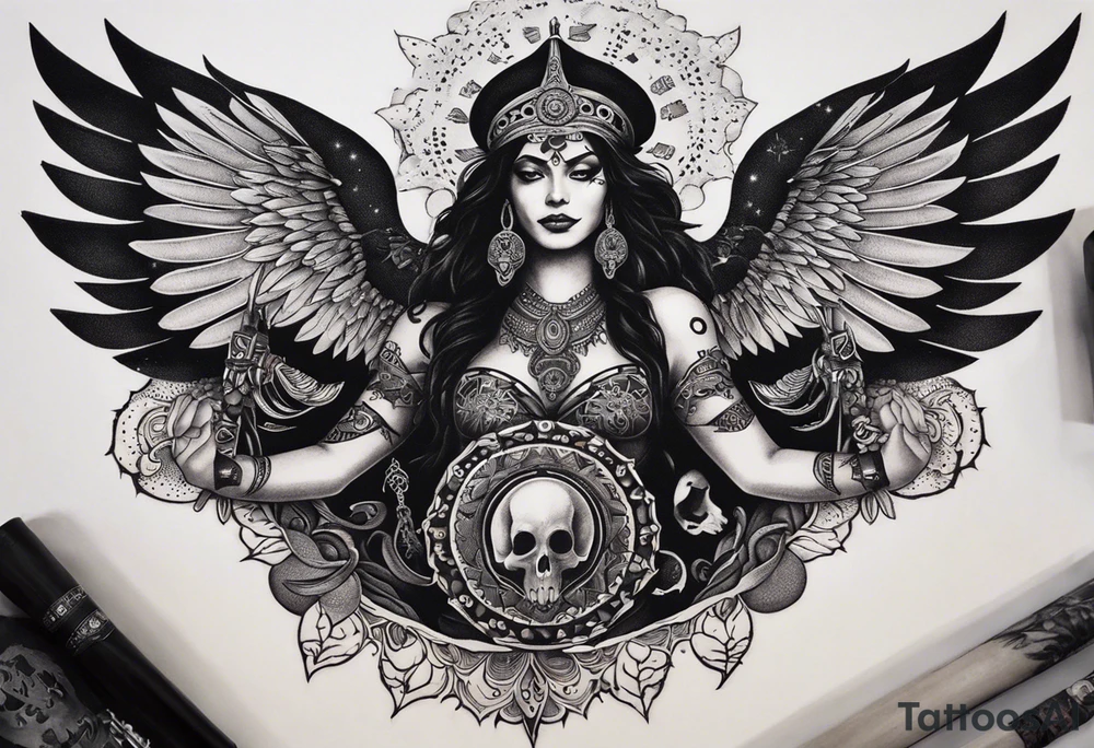 black kali, goddess pirate, alien, angel, pachamama, valkrye, warrior, flying, skull, lotus azul, wing, eagle, zenza resonance, stars, 5D, anahata chakra, death, durga, riding on a tiger, flying lady, kundalini, chest tatoo, rebel tattoo idea
