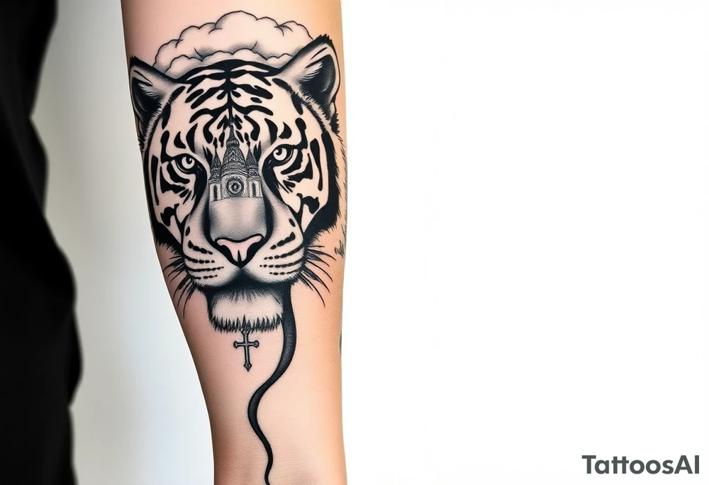 Realistic tiger face on the back of the hand with strong contrast and fine detail with hollow black eyes. with a highly detailed Russian Orthodox cathedral sitting above on fore arm with onion domes and orthodox crosses, done in fine line, engraving-like style. Cohesive composition, black ink only, no color, high contrast, slightly aged, documentary-style, plain light background. with clouds above and a virgin mary 
spanning from my hand to lower fore arm tattoo idea