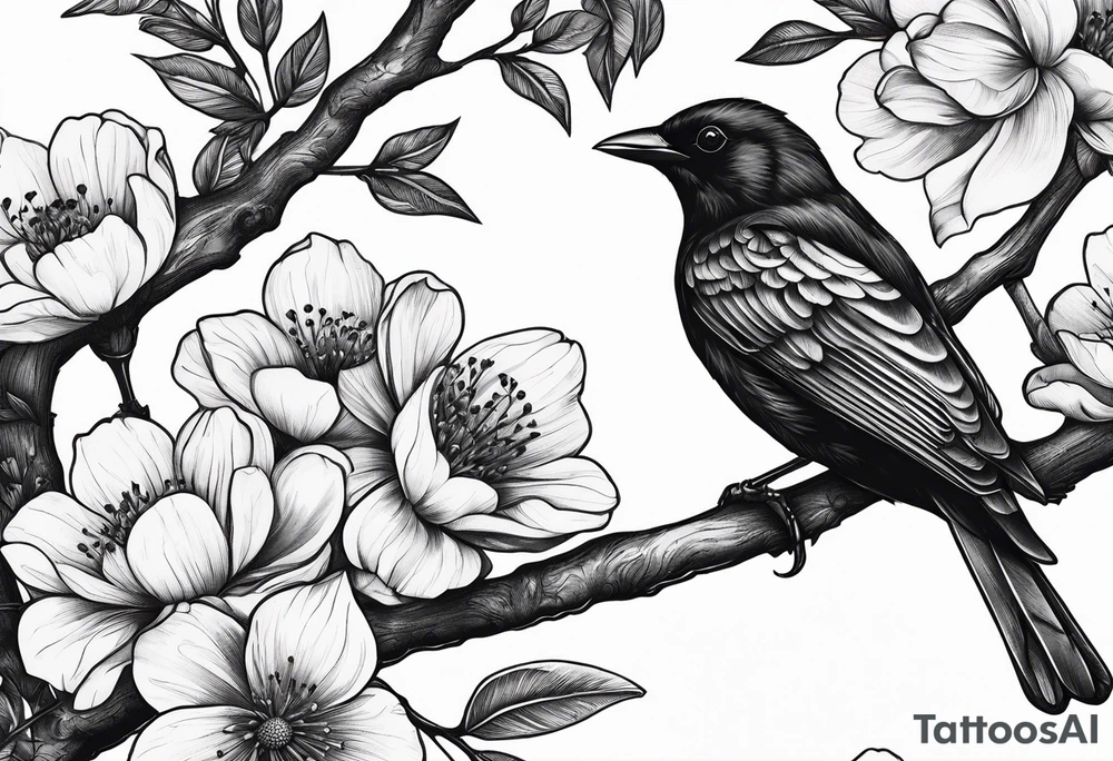 A black bird with its wings up on a branch with flowers tattoo idea