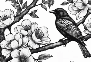 A black bird with its wings up on a branch with flowers tattoo idea