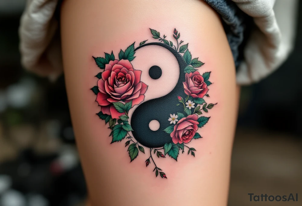 A yin-yang symbol formed from roses and ivy, using deep red, forest green, and soft pinks.
Placement: Shoulder blade or thigh. tattoo idea