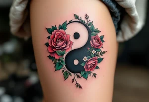 A yin-yang symbol formed from roses and ivy, using deep red, forest green, and soft pinks.
Placement: Shoulder blade or thigh. tattoo idea