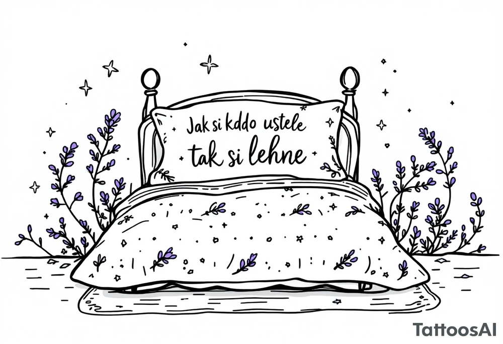 "Jak si kdo ustele, tak si lehne." — A cozy bed drawn in fine black linework, surrounded by delicate lavender accents and the quote on a pillow tag. tattoo idea