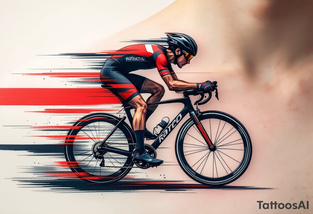 A hyper-realistic cyclist in mid-sprint, with motion blur effects and red and black racing stripes, symbolizing speed and determination. tattoo idea