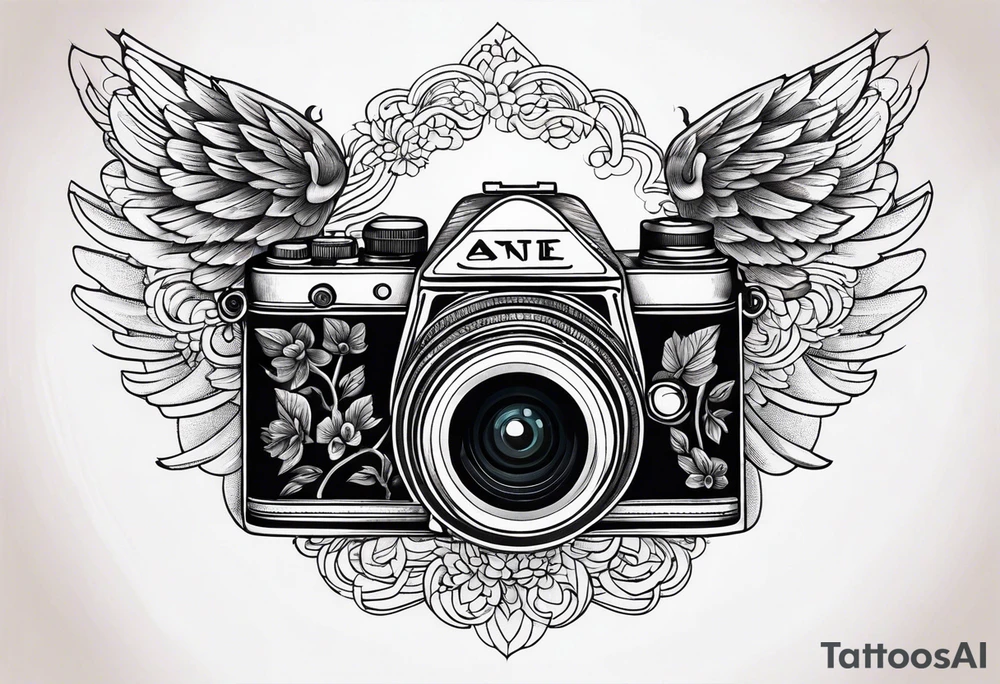 Camera with angel wings tattoo idea