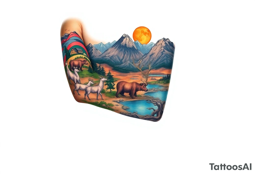 A full-sleeve with the Härjedalen landscape, reindeer, bear, lakes, mountains (Helags), tattoo idea