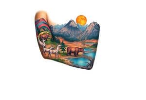 A full-sleeve with the Härjedalen landscape, reindeer, bear, lakes, mountains (Helags), tattoo idea