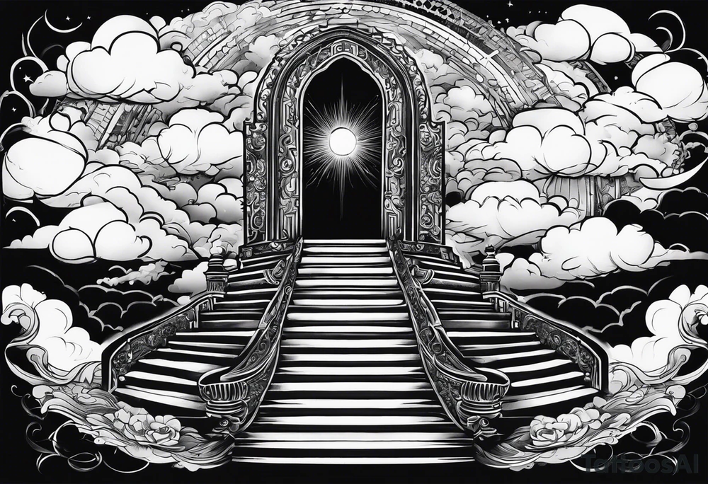 Staircase that leads through the clouds to heaven and ends at the gates of heaven. At the end there is a bright light tattoo idea