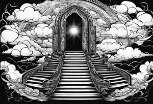 Staircase that leads through the clouds to heaven and ends at the gates of heaven. At the end there is a bright light tattoo idea