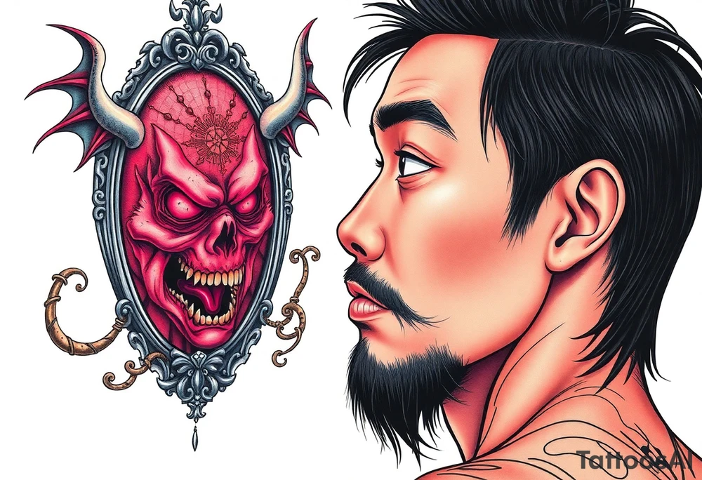 Handsome Asian young guy is looking in cursed mirror and see the evil tattoo idea