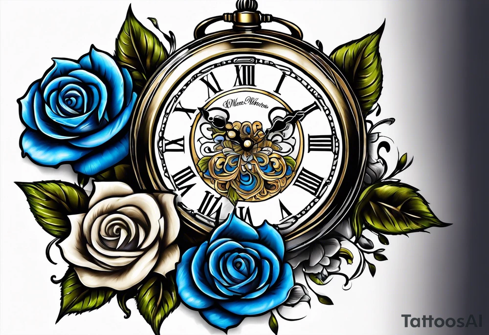 Pocket watch with blue roses tattoo idea
