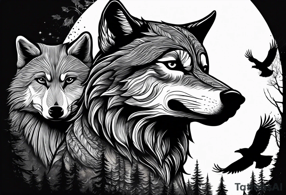 A Wolf and a raccoon are fighting
A crow ist watching them
Background Woods tattoo idea