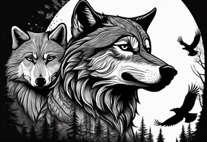 A Wolf and a raccoon are fighting
A crow ist watching them
Background Woods tattoo idea