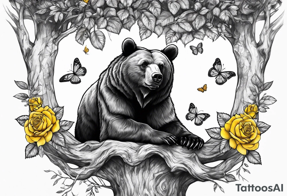 A bear sitting under the tree of life with three yellow roses, and three butterflies tattoo idea